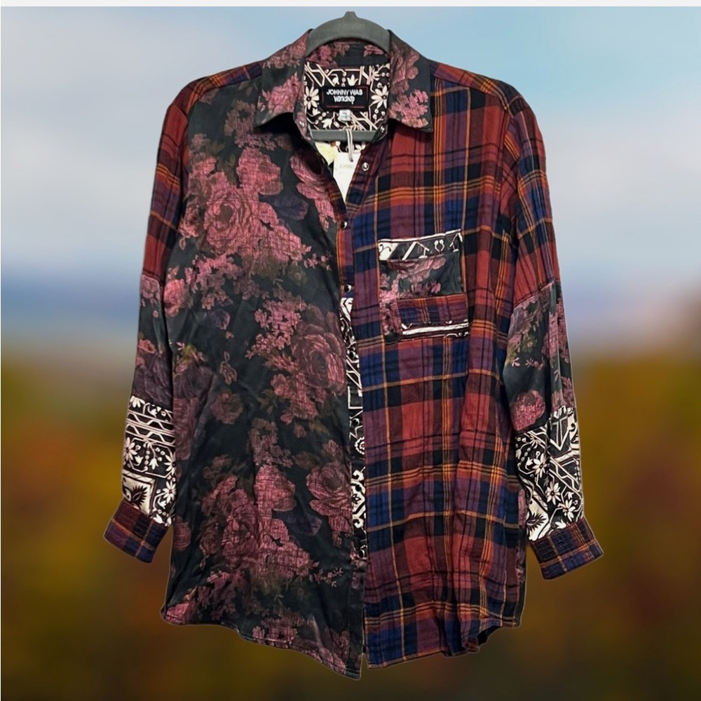 Johnny Was Red and Black Mixed Print Button Up Shirt